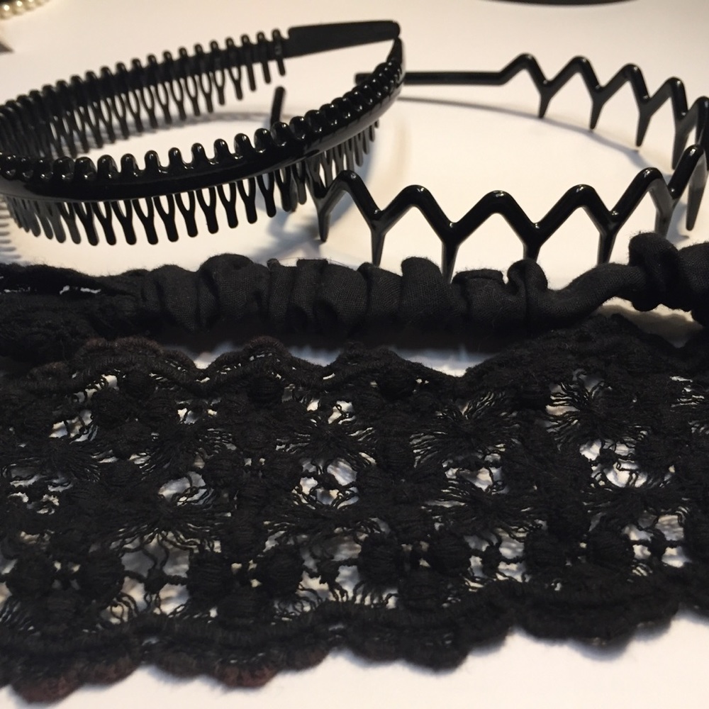 3 Black Headbands - 2 Plastic and 1 Floral Crochet